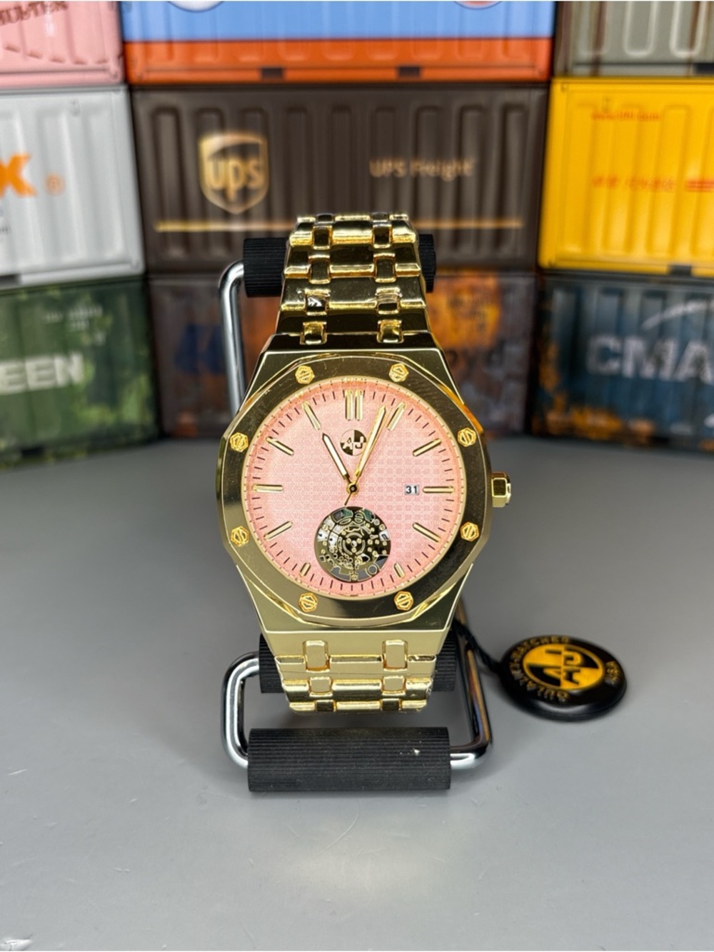 AJ USA Gold-Tone Men's Bracelet Watch with Pink Dial 43mm